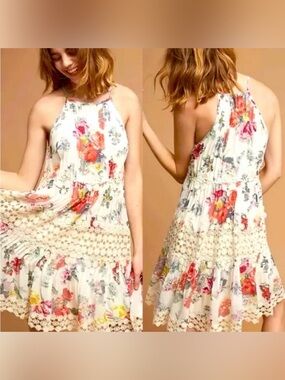 Ranna Gill Floral Lace Tiered Sundress - White with Pink & Red Blooms
